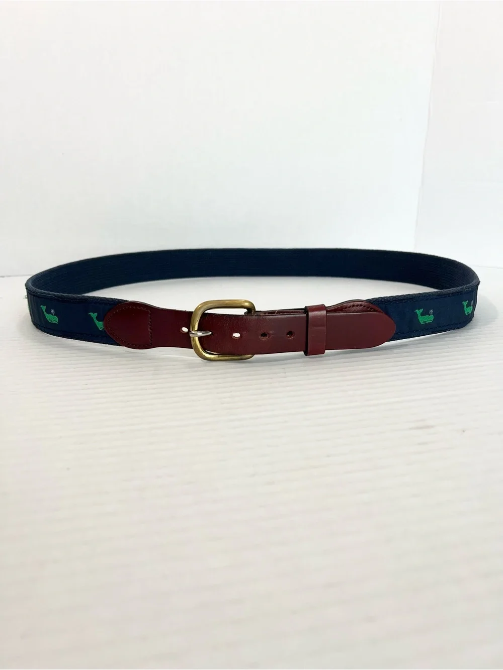Nautical Whale Embroidered Belt Brown Leather Brass Buckle 38 Preppy USA Coastal